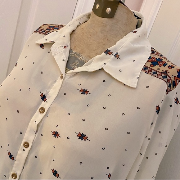Prototype Sheer Ivory Brown Red Aztec Print Long Button Up Roll Sleeve Top - Picture 2 of 7